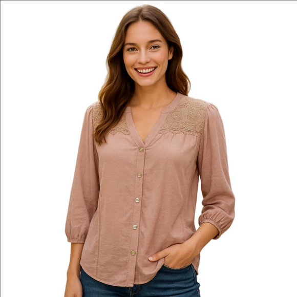 fig and flower Tops - NwT Anthropologie Chic Lace-Accented Beige Blouse Boho Flowy Lace Farmhouse